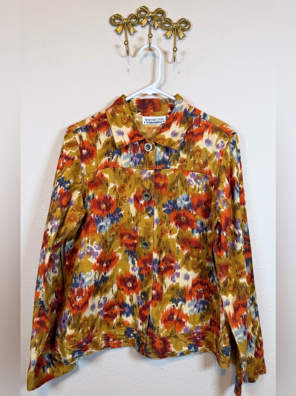 New Directions Multicolor IKAT Floral Denim Button Front Jacket Scattered Sequin